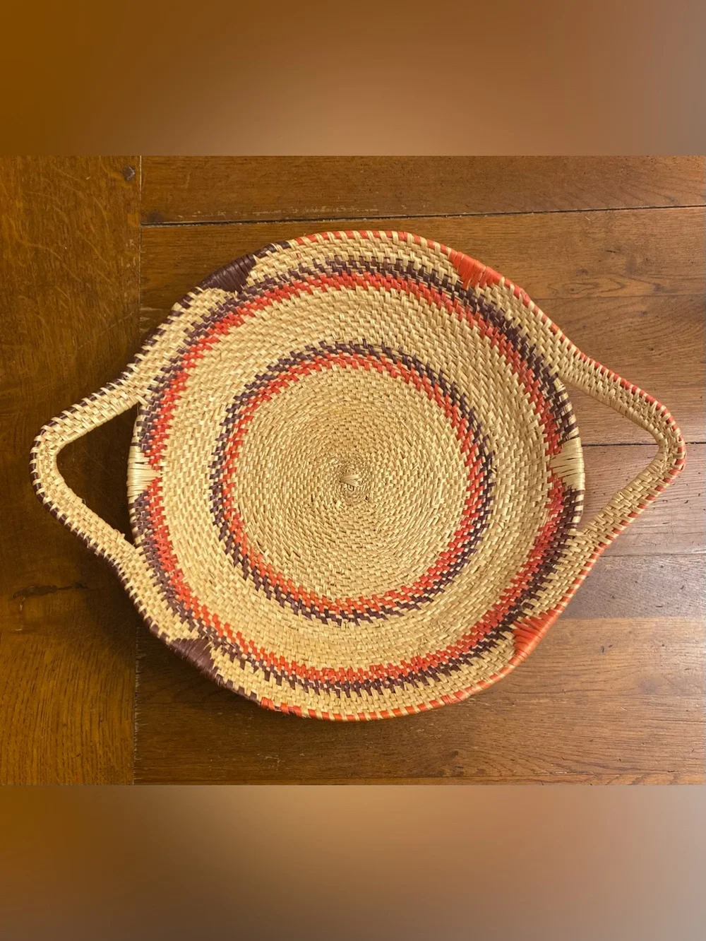 VTG Soe Seagrass Handwoven Serving Tray Basket w Handles Orange Brown Large 17”